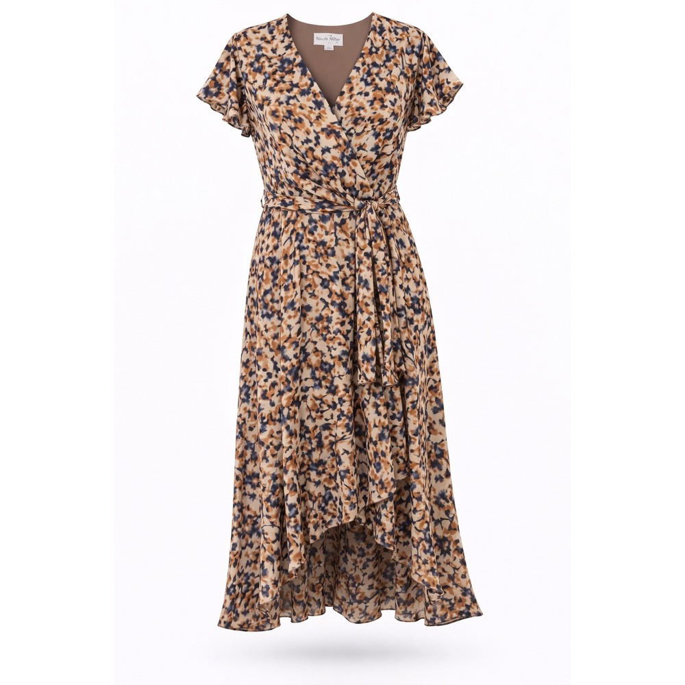 Nicole Miller New York Abstract Animal Print Flutter Sleeve Maxi Wrap Dress Sm